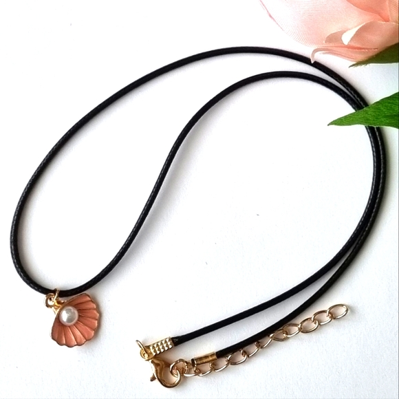 Necklace | Pink Scallop & Faux Pearl Pendant | Black Cord | Gold Toned Findings - Picture 2 of 8
